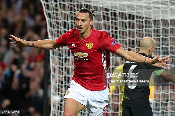 Zlatan Ibrahimovic of Manchester United celebrates scoring their first goal during the UEFA Europa League match between Manchester United FC and FC...
