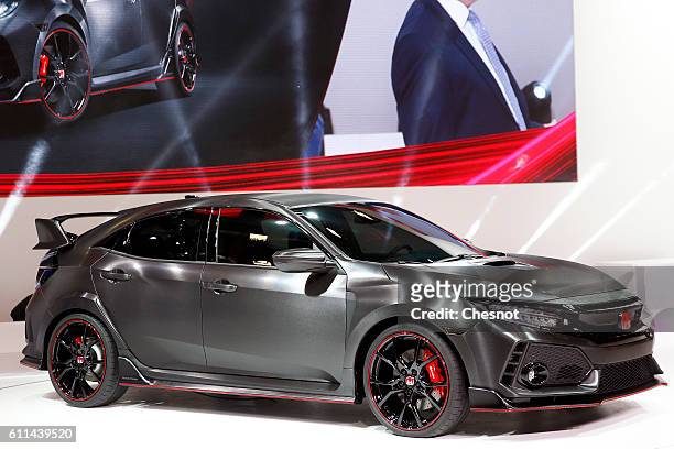 Civic Type R Prototype automobile sits on display during the first press day of the Paris Motor Show on September 29 in Paris, France. The Paris...