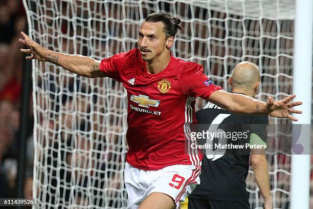 Zlatan Ibrahimovic of Manchester United celebrates scoring their first goal during the UEFA Europa League match between Manchester United FC and FC...