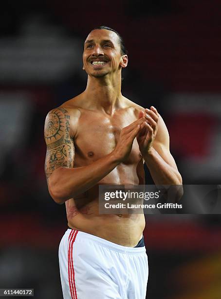 Zlatan Ibrahimovic of Manchester United celebrates following his sides 1-0 victory during the UEFA Europa League group A match between Manchester...