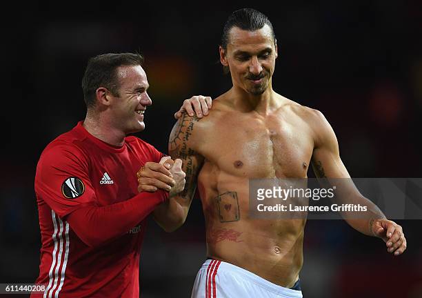 Wayne Rooney and Zlatan Ibrahimovic of Manchester United celebrate following their sides 1-0 victory during the UEFA Europa League group A match...