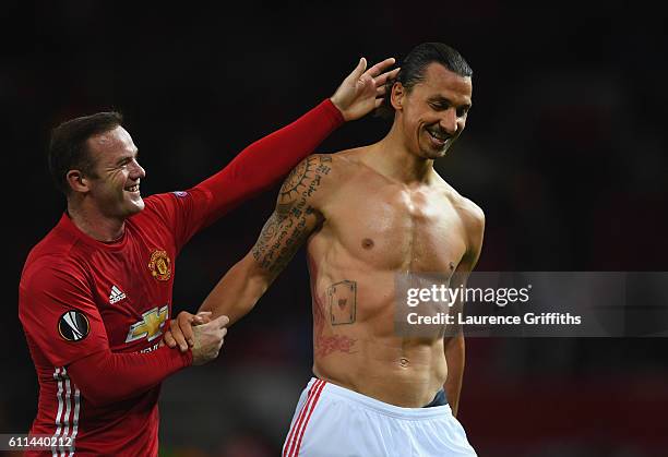 Wayne Rooney and Zlatan Ibrahimovic of Manchester United celebrate following their sides 1-0 victory during the UEFA Europa League group A match...