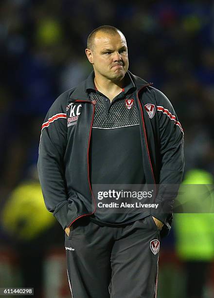 Keiron Cunningham the coach of St Helens looks on after defeat to Warrington Wolves in the First Utility Super League Semi Final match between...