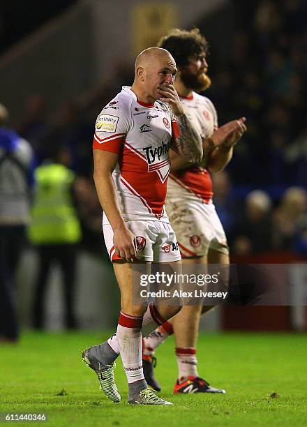 Luke Walsh of St Helens looks dejected after defeat to Warrington Wolves in the First Utility Super League Semi Final match between Warrington Wolves...