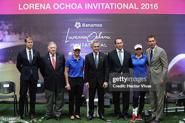 Andres Castaneda, Mario Zertuche, Lorena Ochoa, Miguel Angel Mancera, Horacio de la Vega, Gaby Lopez and Armando Lopez pose during the press...
