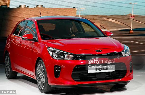 New Kia Rio automobile sits on display during the first press day of the Paris Motor Show on September 29 in Paris, France. The Paris Motor Show will...