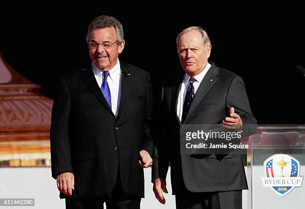 Former Ryder Cup captains Tony Jacklin of Europe and Jack Nicklaus of the United States speak during the 2016 Ryder Cup Opening Ceremony at Hazeltine...