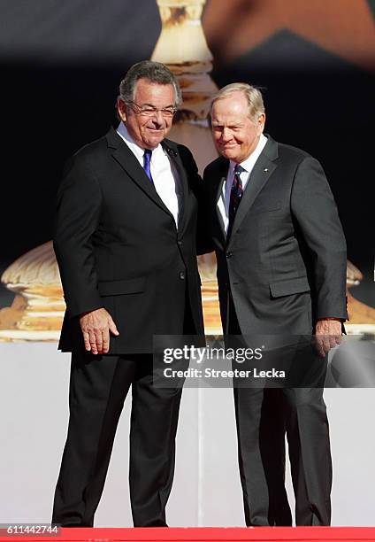 Former Ryder Cup captains Tony Jacklin of Europe and Jack Nicklaus of the United States speak during the 2016 Ryder Cup Opening Ceremony at Hazeltine...