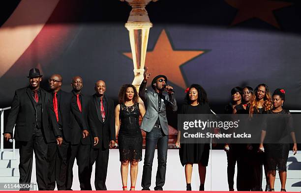 Singer Aloe Blacc performs with Sounds of Blackness during the 2016 Ryder Cup Opening Ceremony at Hazeltine National Golf Club on September 29, 2016...