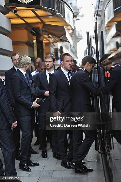 John Terry of Chelsea leaves the team hotel in his Dolce & Gabbana suit before UEFA Champions League Final between FC Bayern Muenchen and Chelsea at...