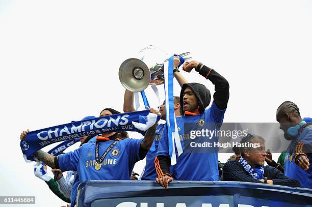 Raul Meireles, Jose Bosingwa, Roman Abramovich of Chelsea during the Chelsea FC victory parade after winning the Champions League on May 20, 2012 in...