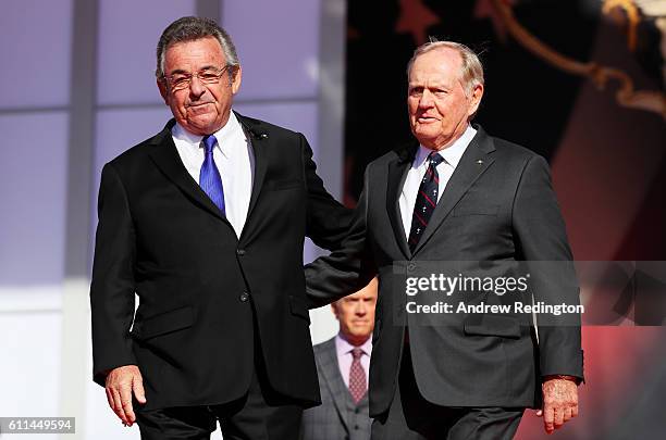 Former Ryder Cup captains Tony Jacklin of Europe and Jack Nicklaus of the United States speak during the 2016 Ryder Cup Opening Ceremony at Hazeltine...