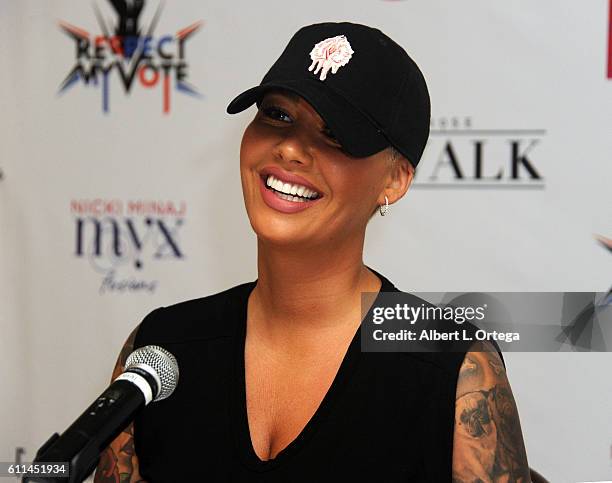 Model Amber Rose speaks at the SlutWalk Festival Press Conference at Four Seasons Hotel Los Angeles at Beverly Hills on September 29, 2016 in Los...