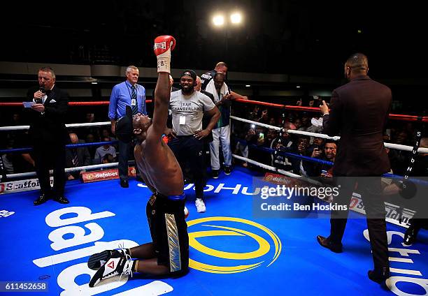 Isaac Chamberlain of England celebrates after defeating Wadi Camacho of England during their Southern Area Cruiserweight Championship contest at York...