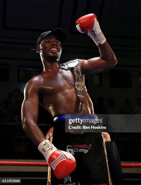 Isaac Chamberlain of England celebrates after defeating Wadi Camacho of England during their Southern Area Cruiserweight Championship contest at York...