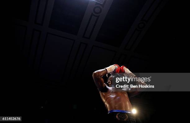 Isaac Chamberlain of England celebrates after defeating Wadi Camacho of England during their Southern Area Cruiserweight Championship contest at York...