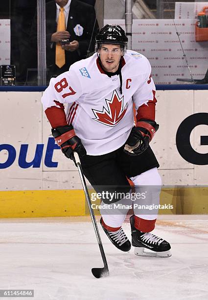 Sidney Crosby of Team Canada skates in warmup prior to a game against Team Europe during Game Two of the World Cup of Hockey 2016 final series at the...
