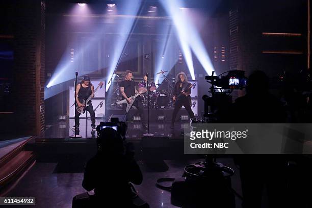 Episode 0544 -- Pictured: Robert Trujillo, James Hetfield, Lars Ulrich, and Kirk Hammett of musical guest Metallica perform on September 29, 2016 --