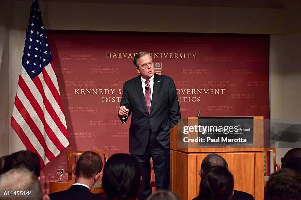 Jeb Bush delivers the Edwin L. Godkin Lecture at Harvard University, co-moderated by Roland Fryer and Paul Peterson on September 29, 2016 in...