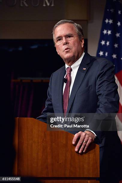 Jeb Bush delivers the Edwin L. Godkin Lecture at Harvard University, co-moderated by Roland Fryer and Paul Peterson on September 29, 2016 in...