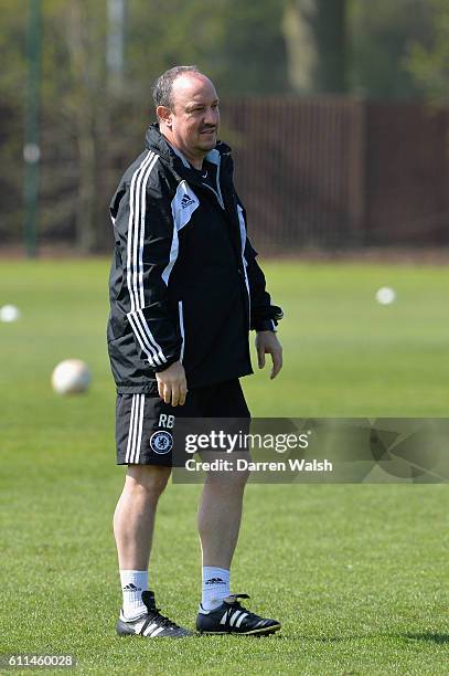 Chelsea's Rafael Benitez during a training session for the UEFA Europa League at the Cobham Training Ground on 1st May 2013 in Cobham, England.