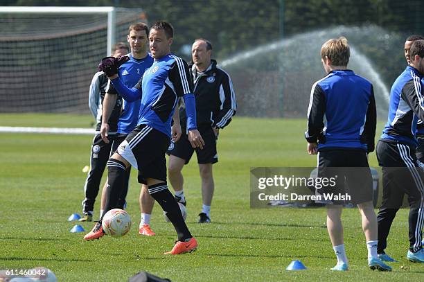 Chelsea's John Terry during a training session for the UEFA Europa League at the Cobham Training Ground on 1st May 2013 in Cobham, England.