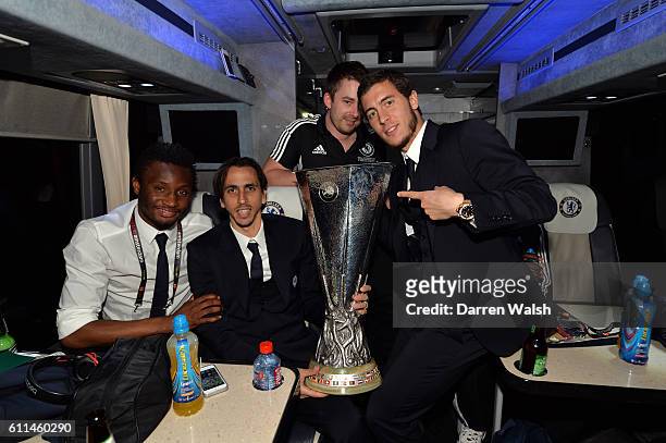 Chelsea's John Obi Mikel, Yossi Benayoun, Garry Grey, Eden Hazard celebrate winning the Europa League trophy on the coach after winning the UEFA...