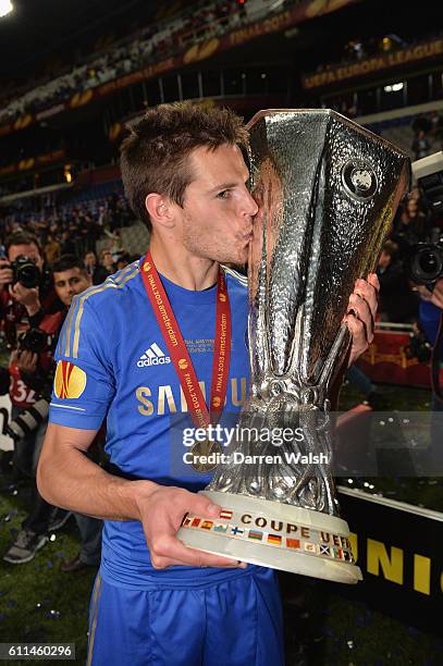 Chelsea's Cesar Azpilicueta celebrate winning during a UEFA Europa League Final match between FC Benfica and Chelsea at the Amsterdam Arena on 15th...