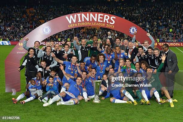 Chelsea players and staff celebrate winning the UEFA Europa League final
