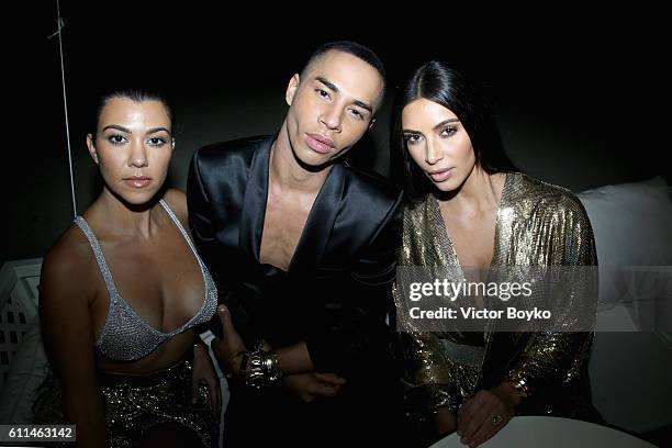 Kourtney Kardashian, Olivier Rousteing and Kim Kardashian West attend the Balmain aftershow party as part of the Paris Fashion Week Womenswear...