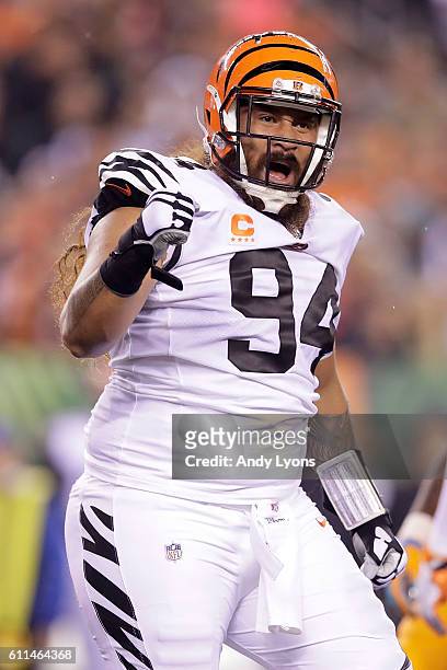 Domata Peko of the Cincinnati Bengals reacts after a defensive stop during the first quarter of the game against the Cincinnati Bengals at Paul Brown...