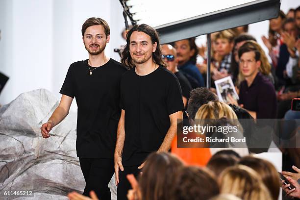 Artistic Directors Adrien Caillaudaud and Alexis Martial walk the runway during the Carven show as part of the Paris Fashion Week Womenswear...