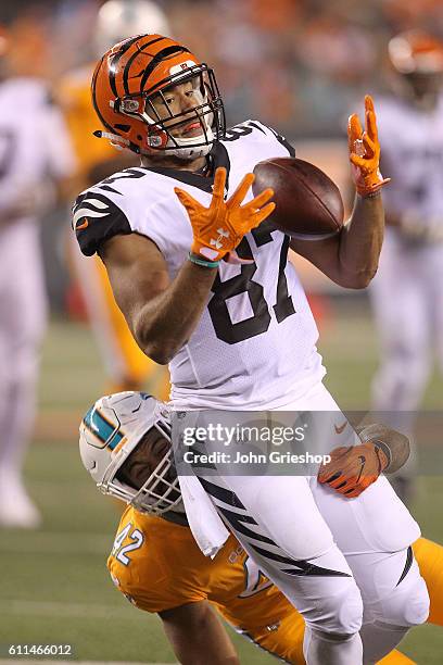 Uzomah of the Cincinnati Bengals is unable to catch a pass while being hit by Spencer Paysinger of the Miami Dolphins during the second quarter at...