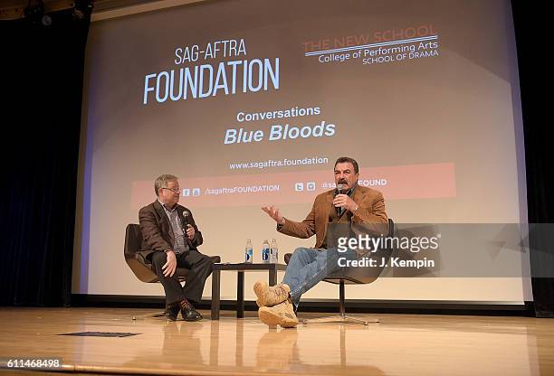 Matt Roush and actor Tom Selleck speak during the SAG-AFTRA Foundation Conversations: "Blue Bloods" at The New School on September 29, 2016 in New...