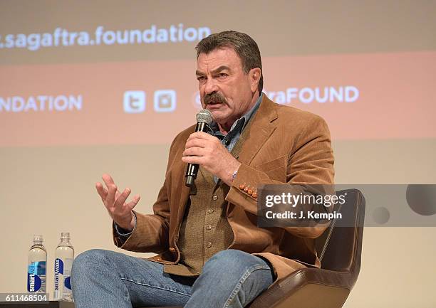 Actor Tom Selleck speaks during the SAG-AFTRA Foundation Conversations: "Blue Bloods" at The New School on September 29, 2016 in New York City.