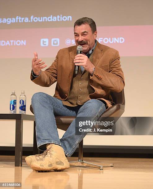 Actor Tom Selleck speaks during the SAG-AFTRA Foundation Conversations: "Blue Bloods" at The New School on September 29, 2016 in New York City.