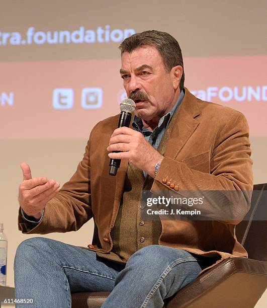 Actor Tom Selleck speaks during the SAG-AFTRA Foundation Conversations: "Blue Bloods" at The New School on September 29, 2016 in New York City.