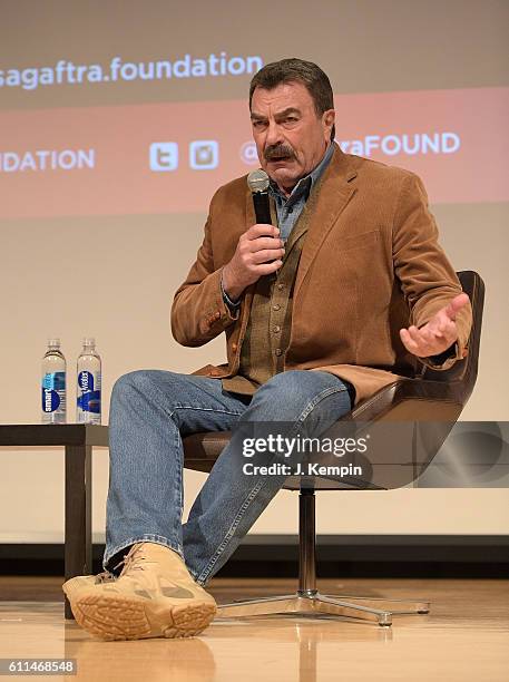 Actor Tom Selleck speaks during the SAG-AFTRA Foundation Conversations: "Blue Bloods" at The New School on September 29, 2016 in New York City.