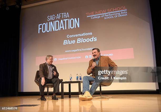 Matt Roush and actor Tom Selleck speak during the SAG-AFTRA Foundation Conversations: "Blue Bloods" at The New School on September 29, 2016 in New...