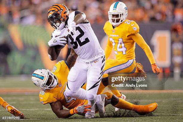 Jeremy Hill of the Cincinnati Bengals is tackled by Neville Hewitt of the Miami Dolphins during the third quarter at Paul Brown Stadium on September...