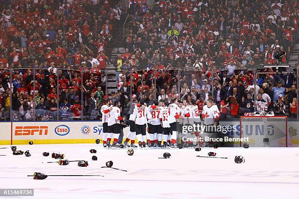 Team Canada celebrates their World Cup Championship over Team Europe during Game Two of the World Cup of Hockey final series at the Air Canada Centre...