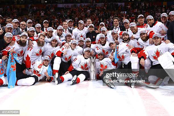 Team Canada poses for a photo after winning the World Cup of Hockey over Team Europe during Game Two of the World Cup of Hockey final series at the...