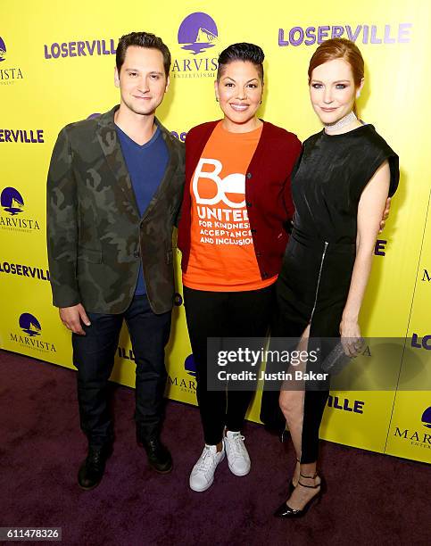 Actors Matt McGorry, Sara Ramirez, and Darby Stanchfield attend the premiere of Marvista Entertainment's "Loserville" at ArcLight Hollywood on...