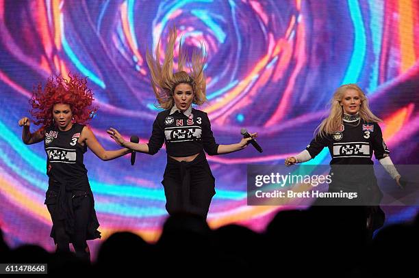 Lauren Bennett, Natasha Slayton and Jazzy Mejia of G.R.L perform during the Nickelodeon Slimefest 2016 matinee show at Sydney Olympic Park Sports...