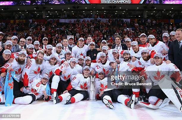 Team Canada poses for a team photo following their 2-1 victory against Europe in Game Two of the World Cup of Hockey final series at the Air Canada...