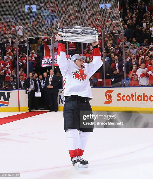 Sidney Crosby of Team Canada celebrates after a 2-1 victory over Team Europe during Game Two of the World Cup of Hockey final series at the Air...