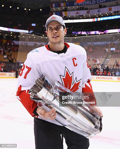 Sidney Crosby of Team Canada celebrates after a 2-1 victory over Team Europe during Game Two of the World Cup of Hockey final series at the Air...