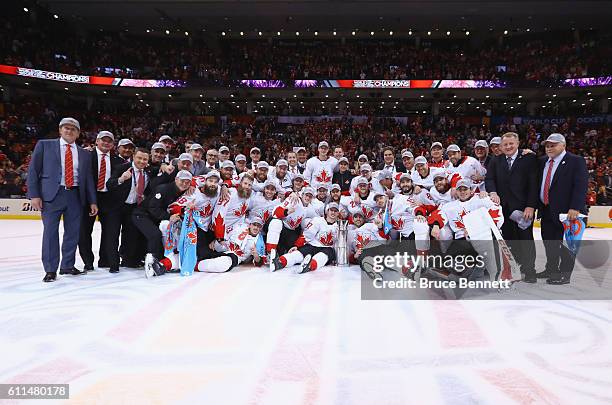 Team Canada poses for a team photo following their 2-1 victory against Europe in Game Two of the World Cup of Hockey final series at the Air Canada...