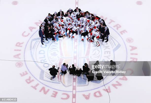 Team Canada pose for a group picture following Game Two of the World Cup of Hockey final series against Team Europe at the Air Canada Centre on...