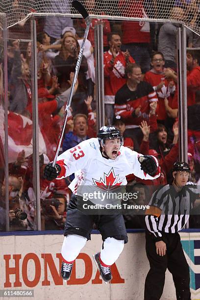 Brad Marchand of Team Canada celebrates after scoring a third period goal against Team Europe during Game Two of the World Cup of Hockey final series...